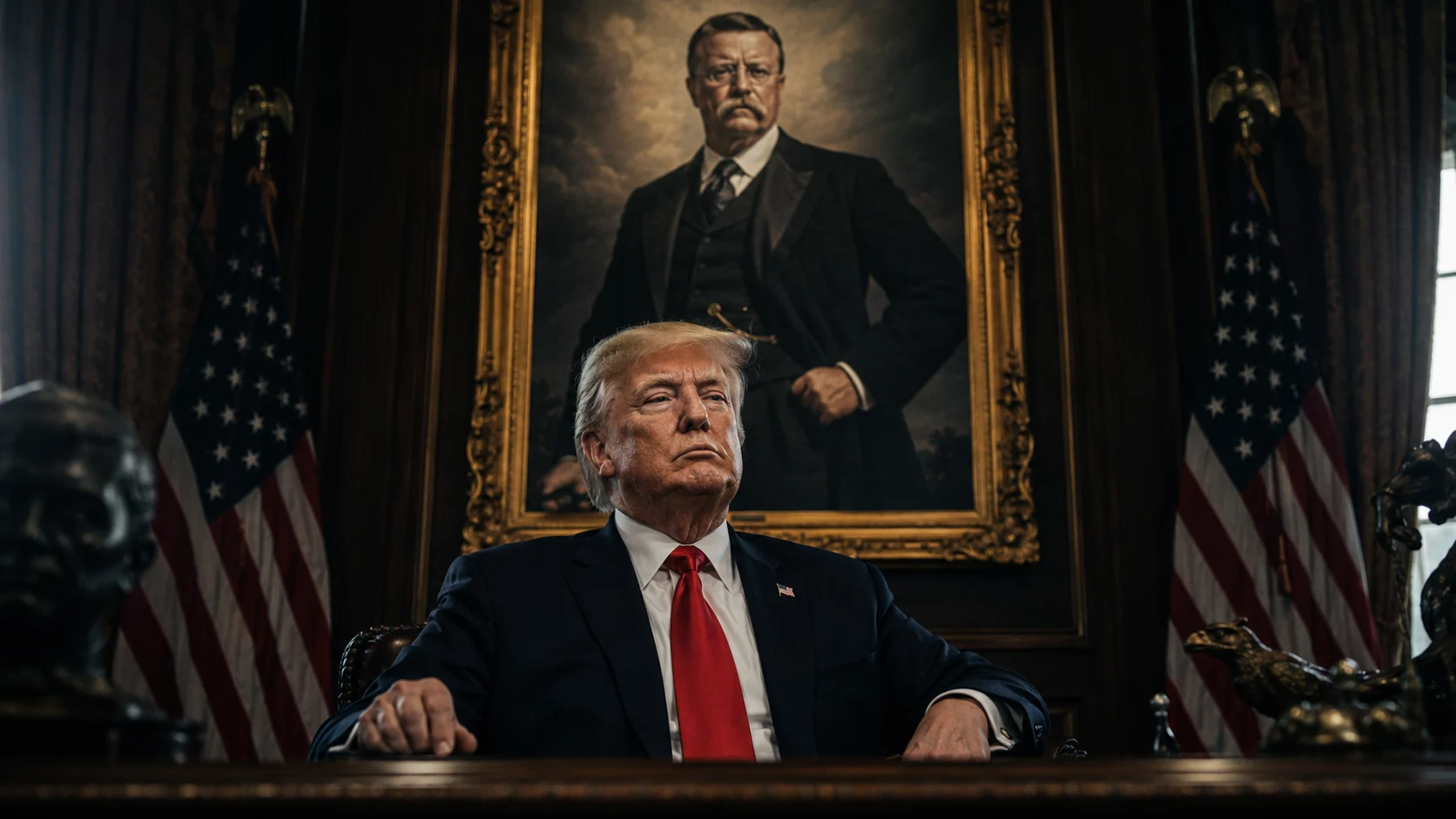 Trump pod portretem Roosevelta. Twardy kurs, ale bardziej symbol niż nowa doktryna