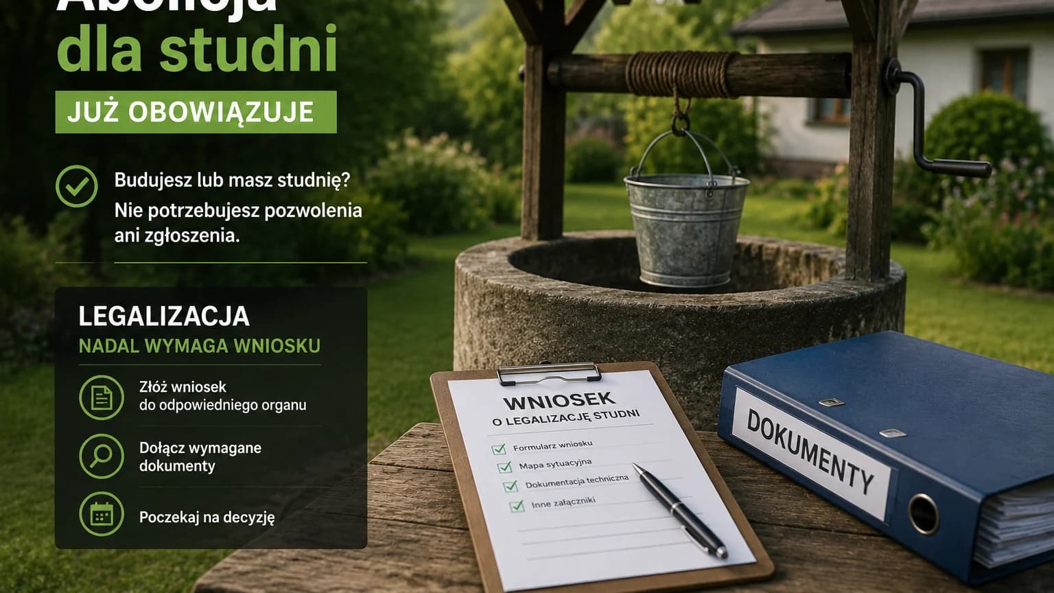 Abolicja dla studni już obowiązuje. Legalizacja nadal wymaga wniosku Od 18 sierpnia 2026 r. obowiązuje nowelizacja Prawa wodnego dotycząca legalizacji