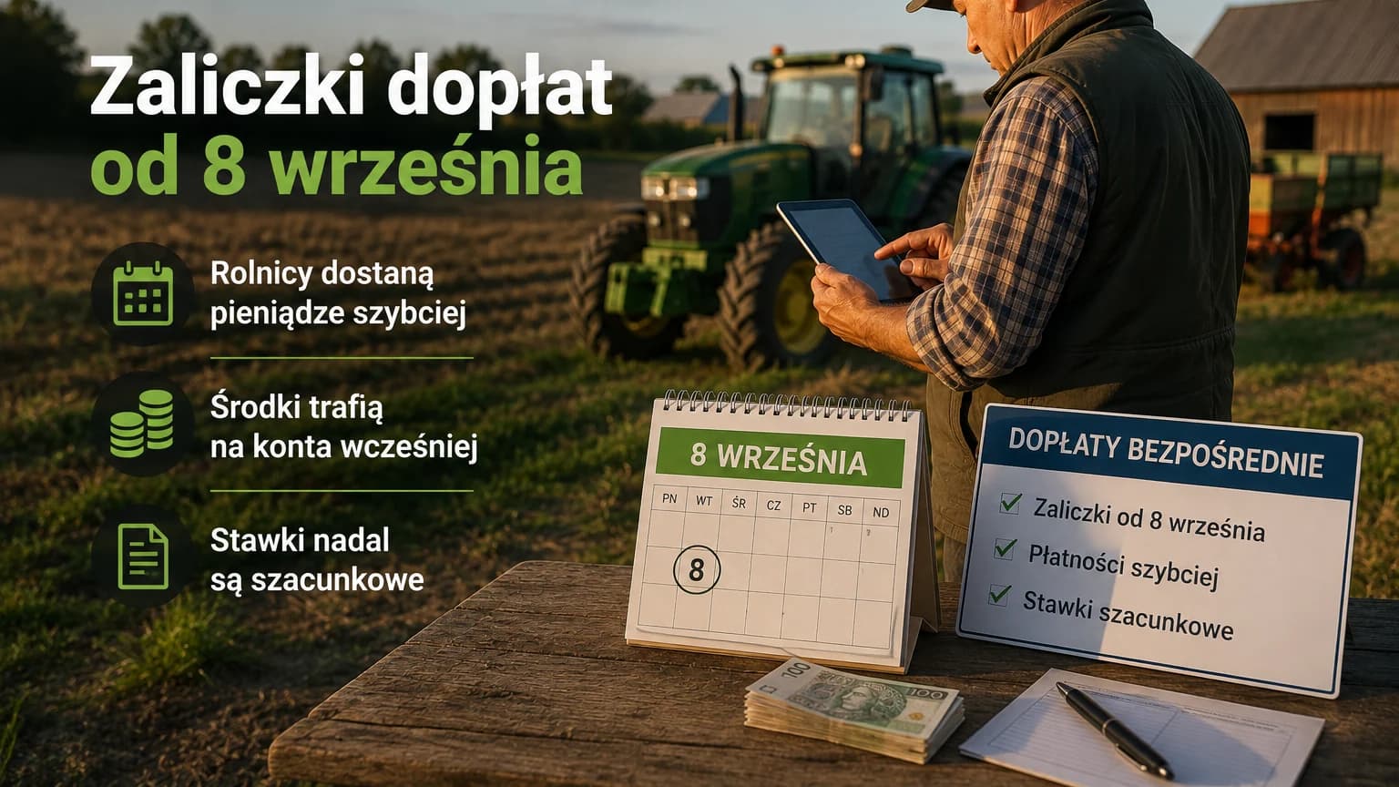 Zaliczki dopłat od 8 września. Rolnicy dostaną pieniądze szybciej, ale stawki nadal są szacunkowe Zaliczki dopłat bezpośrednich za 2026 r. mają ruszyć 8