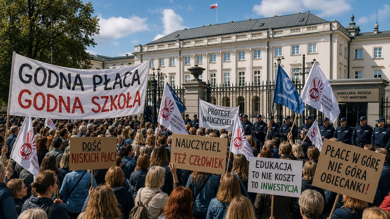 Nauczyciele protestują przed KPRM. Spór o płace wchodzi w nowy rok szkolny Nauczyciele i pracownicy oświaty zaczynają rok szkolny od manifestacji przed