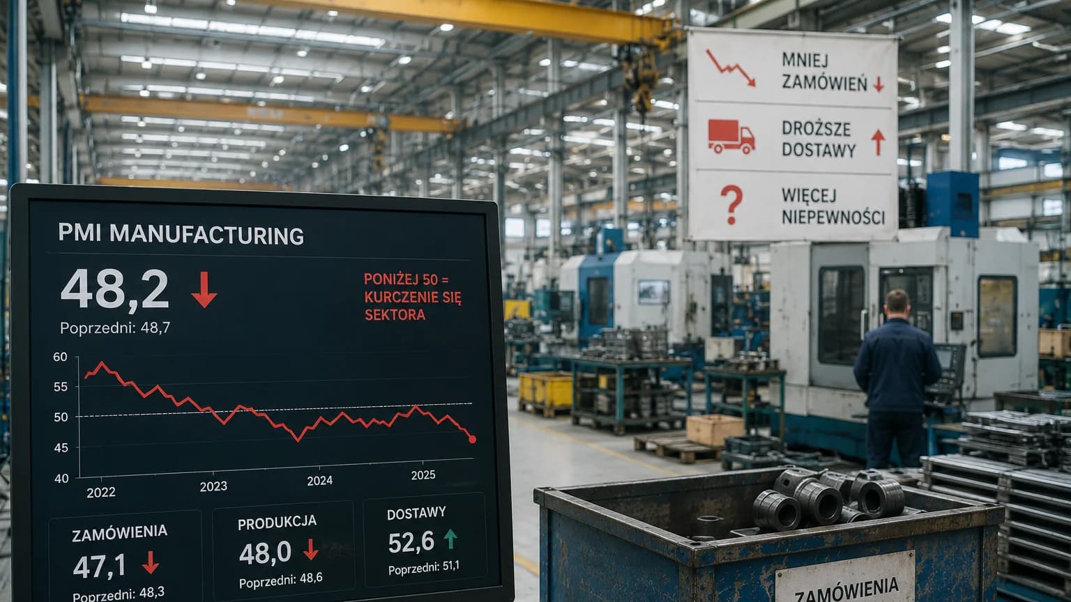 PMI znów oddala przemysł od odbicia. Fabryki mają mniej zamówień i droższe dostawy Sierpniowy wskaźnik PMI dla polskiego przemysłu spadł do 48,3 pkt z 49