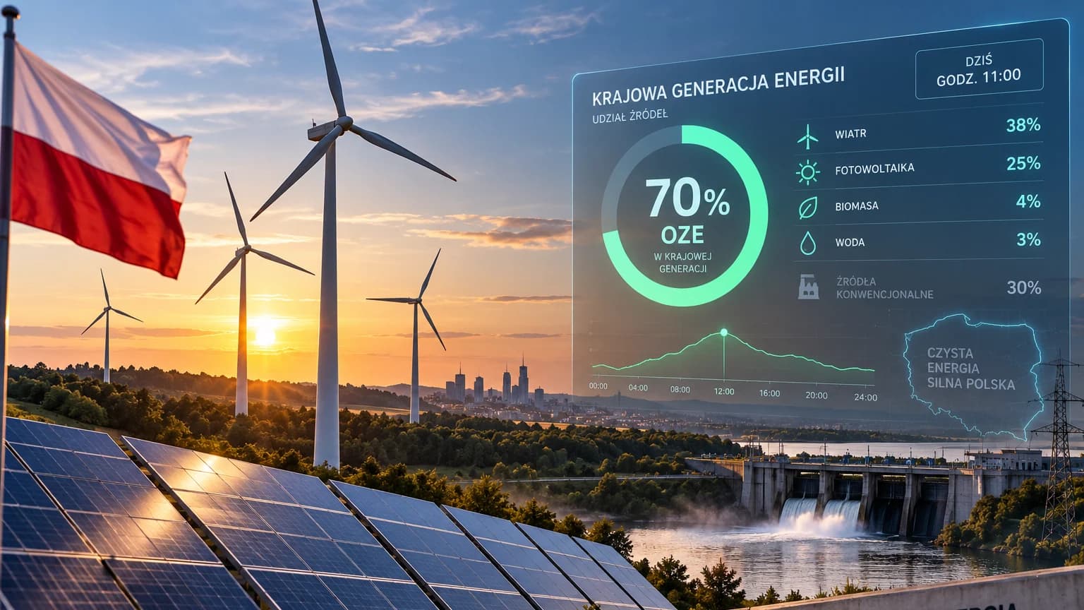 OZE osiągnęły 70 procent krajowej generacji przez jedną godzinę Odnawialne źródła energii odpowiadały 5 września za 70 procent krajowej produkcji energii