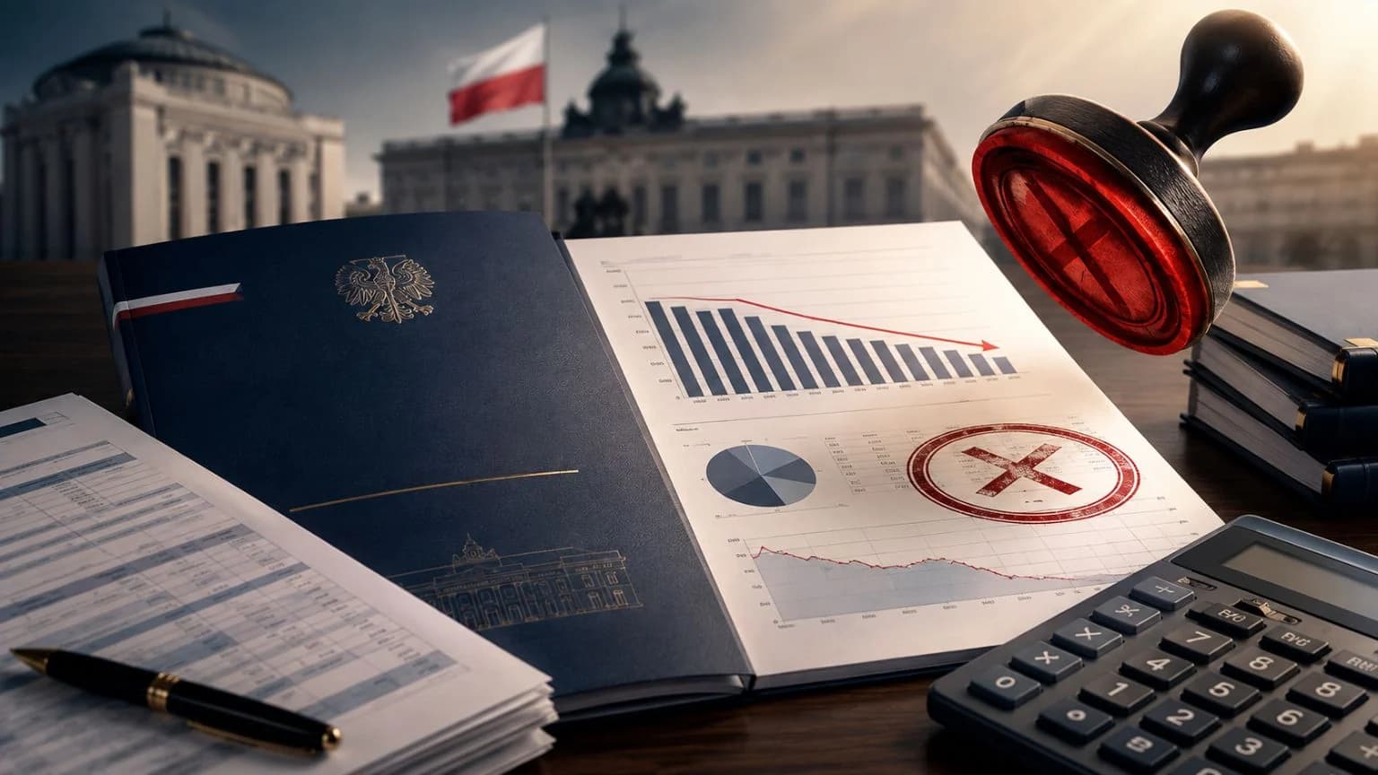 Dokumenty budżetu państwa, wykres dochodów i czerwony stempel symbolizujący ryzyko wet podatkowych