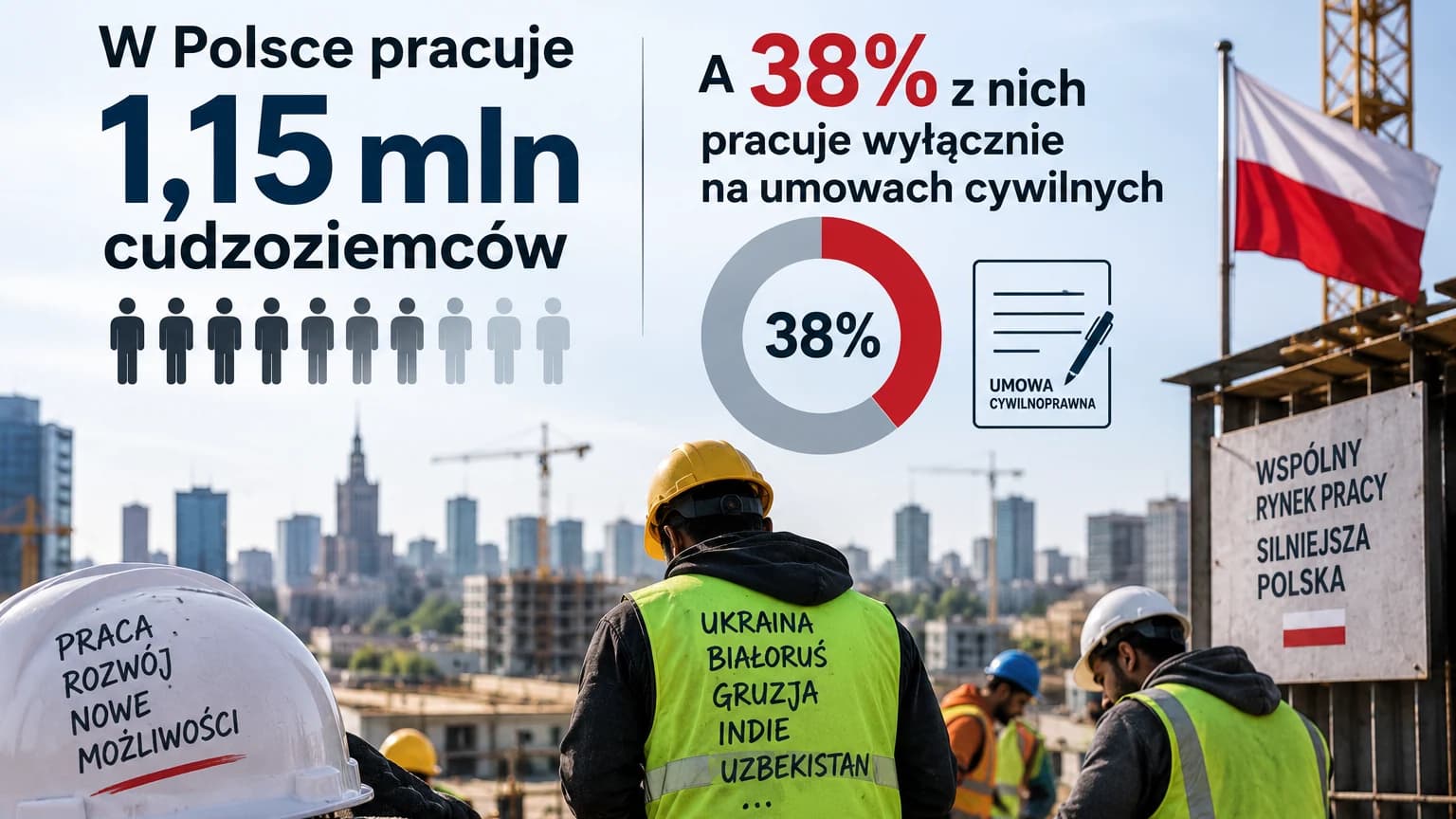 W Polsce pracuje 1,15 mln cudzoziemców, a 38 procent z nich pracuje wyłącznie na umowach cywilnych Na koniec marca 2026 roku pracę w Polsce wykonywało