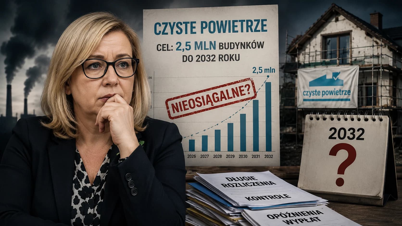 Stary dom jednorodzinny z kopcącym kominem i smog nad okolicą